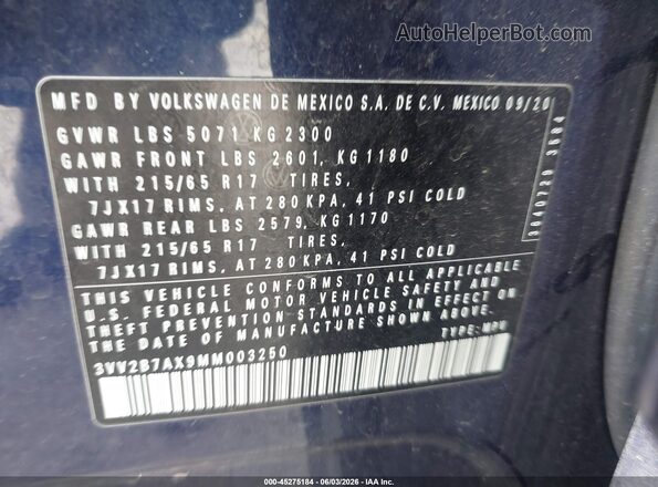 3VV2B7AX9MM003250 2021 VOLKSWAGEN TIGUAN Blue Widok komory silnika