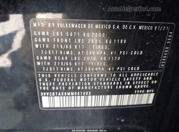 3VV2B7AX9MM067403 2021 VOLKSWAGEN TIGUAN Black Շարժիչի բաժամունքի տեսք