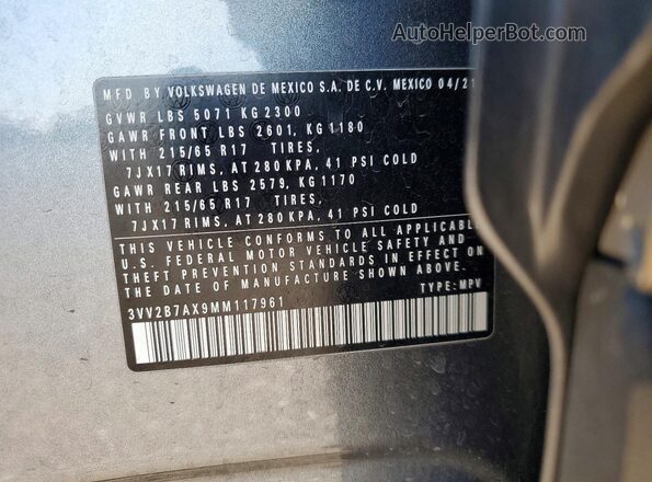 3VV2B7AX9MM117961 2021 VOLKSWAGEN TIGUAN Gray 