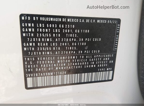 3VV2B7AX9NM121624 2022 VOLKSWAGEN TIGUAN White 
