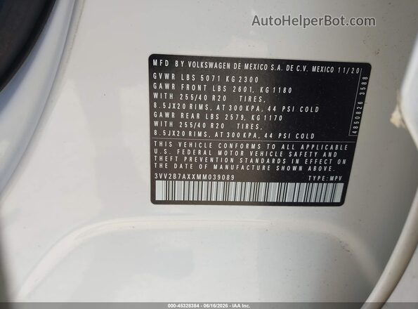 3VV2B7AXXMM039089 2021 VOLKSWAGEN TIGUAN White Vista del compartimento del motor