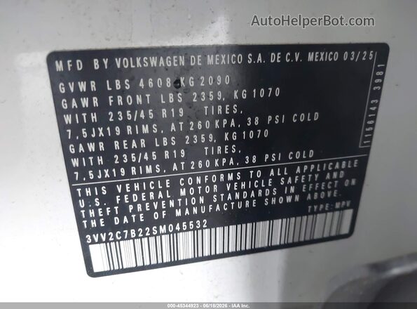 3VV2C7B22SM045532 2025 VOLKSWAGEN TAOS White ძრავის განყოფილების ხედი