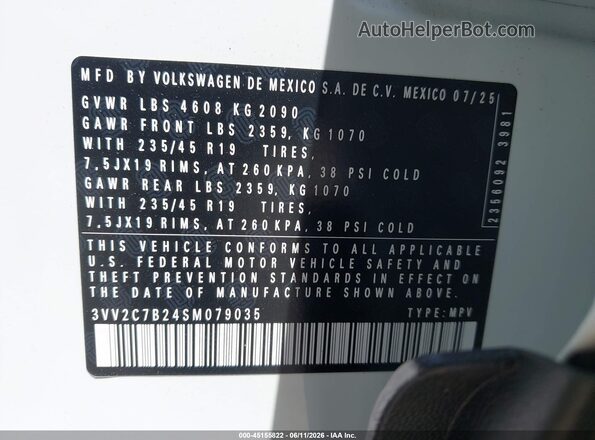 3VV2C7B24SM079035 2025 VOLKSWAGEN TAOS White Vista del compartimento del motor