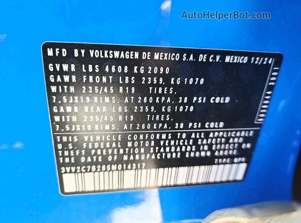 3VV2C7B28SM014317 2025 VOLKSWAGEN TAOS Blue Vista de la etiqueta del VIN