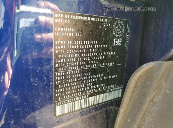 3VV2X7B20NM044601 2022 VOLKSWAGEN TAOS Blue 