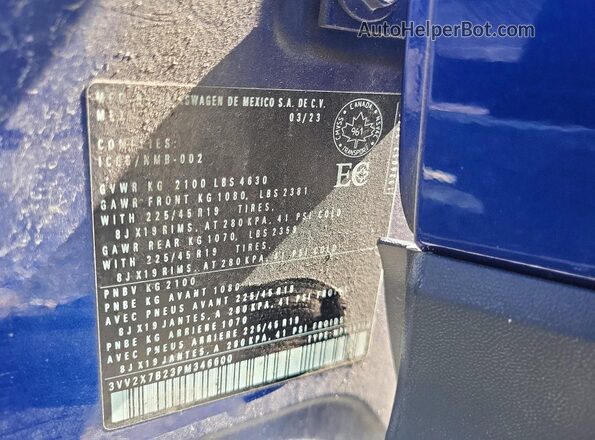 3VV2X7B23PM346600 2023 VOLKSWAGEN TAOS Blue VIN sticker view