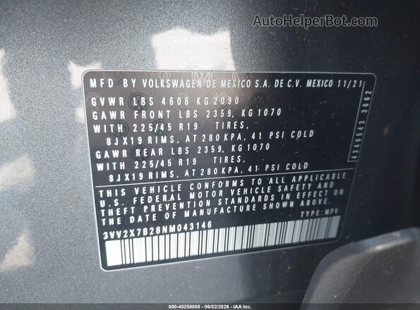 3VV2X7B28NM043146 2022 VOLKSWAGEN TAOS Gray Vista del compartimento del motor