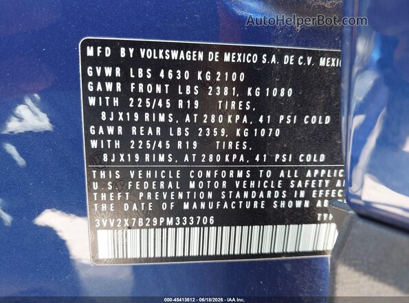 3VV2X7B29PM333706 2023 VOLKSWAGEN TAOS Dark Blue Vista del compartimento del motor