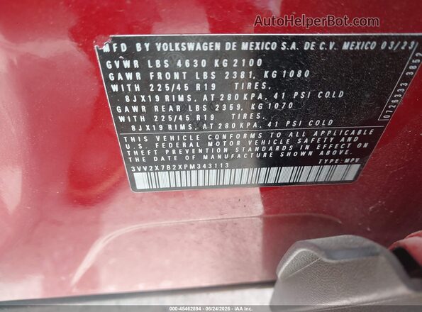 3VV2X7B2XPM343113 2023 VOLKSWAGEN TAOS Red ძრავის განყოფილების ხედი