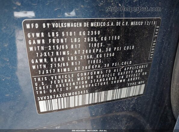 3VV3B7AX0KM063435 2019 VOLKSWAGEN TIGUAN Blue ძრავის განყოფილების ხედი