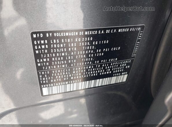 3VV3B7AX0KM159372 2019 VOLKSWAGEN TIGUAN Gray ძრავის განყოფილების ხედი