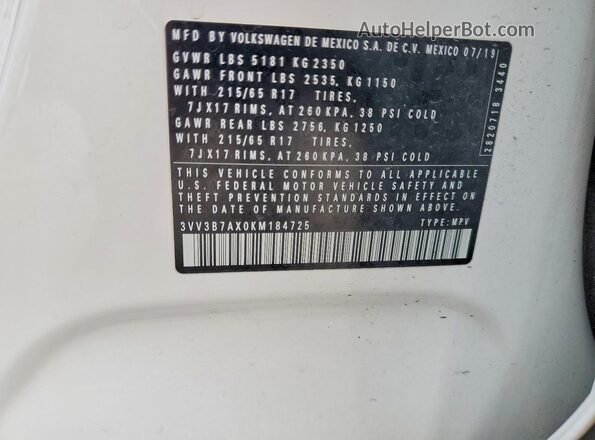 3VV3B7AX0KM184725 2019 VOLKSWAGEN TIGUAN White Widok naklejki z numerem VIN