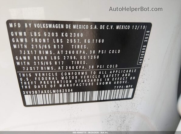 3VV3B7AX0LM082584 2020 VOLKSWAGEN TIGUAN White ძრავის განყოფილების ხედი