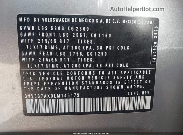 3VV3B7AX0LM145179 2020 VOLKSWAGEN TIGUAN Silver Vista del compartimento del motor