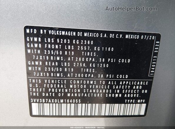 3VV3B7AX0LM164055 2020 VOLKSWAGEN TIGUAN Gray ძრავის განყოფილების ხედი