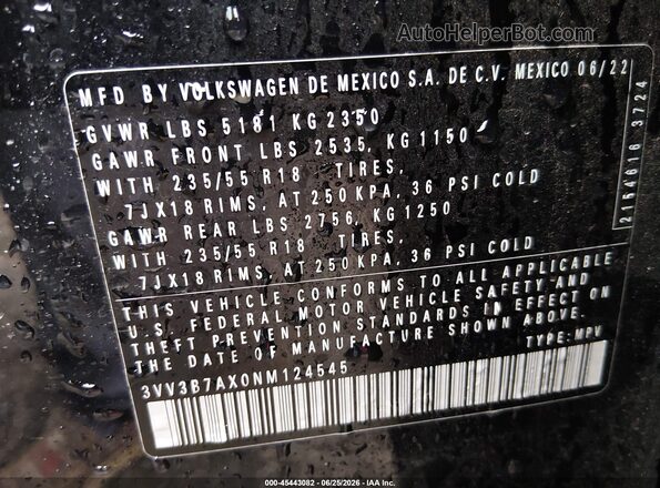 3VV3B7AX0NM124545 2022 VOLKSWAGEN TIGUAN Черный Вид подкапотного пространства