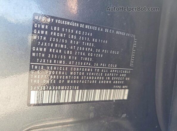 3VV3B7AX0RM022166 2024 VOLKSWAGEN TIGUAN Серый Вид наклейки с VIN-кодом