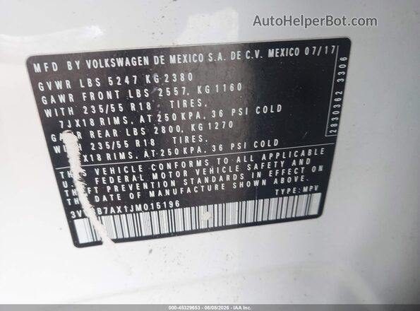 3VV3B7AX1JM015196 2018 VOLKSWAGEN TIGUAN Белый 