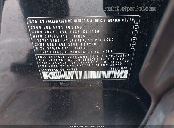 3VV3B7AX1KM106731 2019 VOLKSWAGEN TIGUAN Черный Вид подкапотного пространства