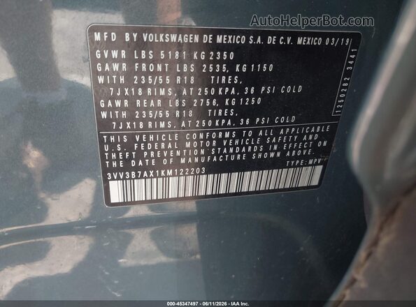 3VV3B7AX1KM122203 2019 VOLKSWAGEN TIGUAN Blue Widok komory silnika