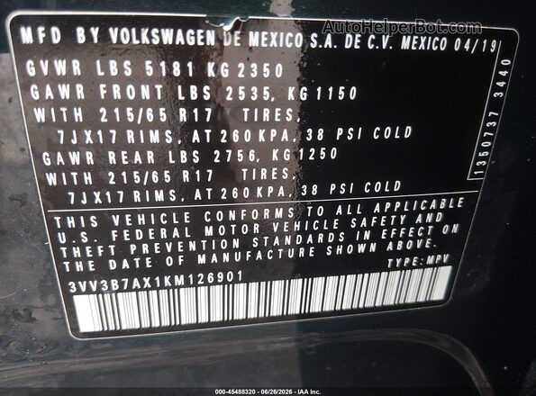 3VV3B7AX1KM126901 2019 VOLKSWAGEN TIGUAN Green Widok komory silnika