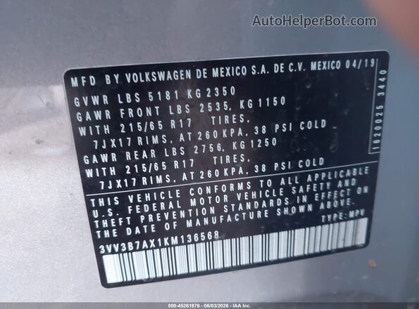 3VV3B7AX1KM136568 2019 VOLKSWAGEN TIGUAN Gray Շարժիչի բաժամունքի տեսք