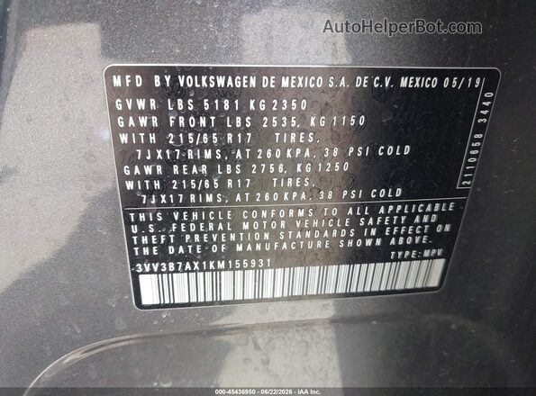 3VV3B7AX1KM155931 2019 VOLKSWAGEN TIGUAN Gray Widok komory silnika