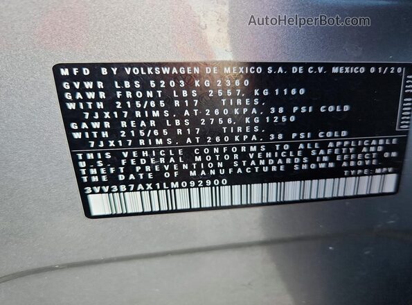 3VV3B7AX1LM092900 2020 VOLKSWAGEN TIGUAN Silver VIN կոդի պիտակի տեսք