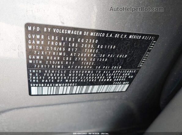 3VV3B7AX1MM090601 2021 VOLKSWAGEN TIGUAN Gray Вид підкапотного простору