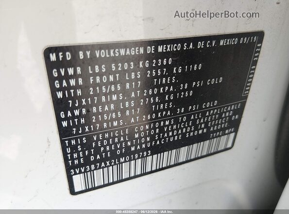 3VV3B7AX2LM019793 2020 VOLKSWAGEN TIGUAN White Շարժիչի բաժամունքի տեսք