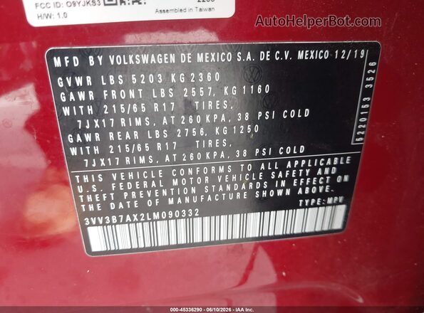 3VV3B7AX2LM090332 2020 VOLKSWAGEN TIGUAN Maroon Vista del compartimento del motor