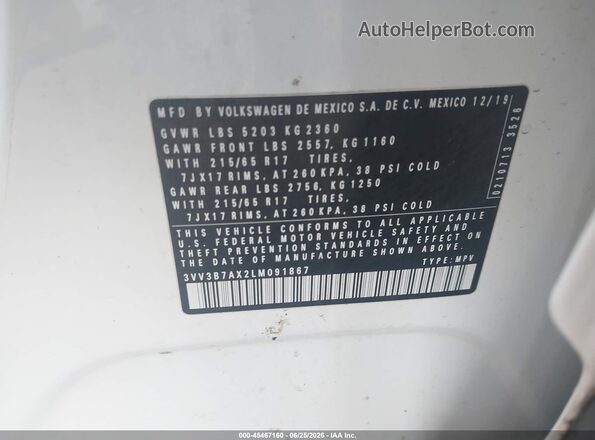 3VV3B7AX2LM091867 2020 VOLKSWAGEN TIGUAN White Widok komory silnika
