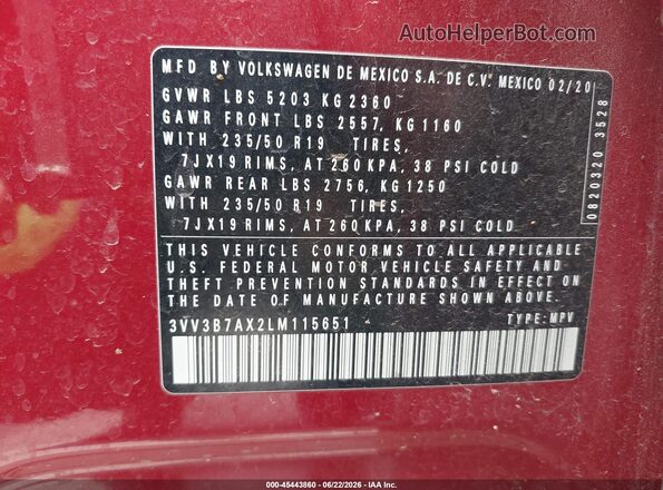 3VV3B7AX2LM115651 2020 VOLKSWAGEN TIGUAN Red Widok komory silnika