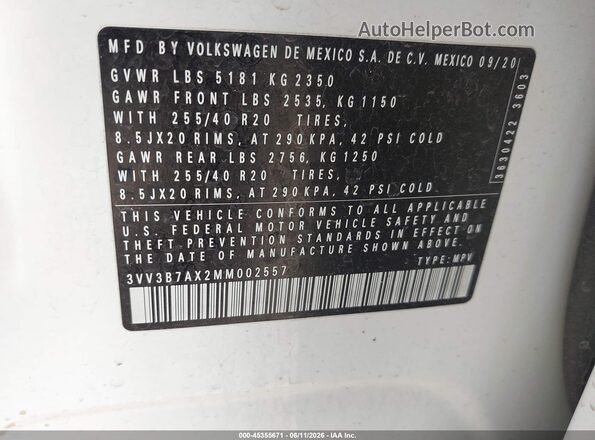 3VV3B7AX2MM002557 2021 VOLKSWAGEN TIGUAN Белый Вид подкапотного пространства