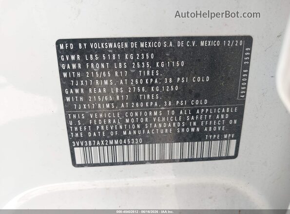 3VV3B7AX2MM045330 2021 VOLKSWAGEN TIGUAN White Вид підкапотного простору