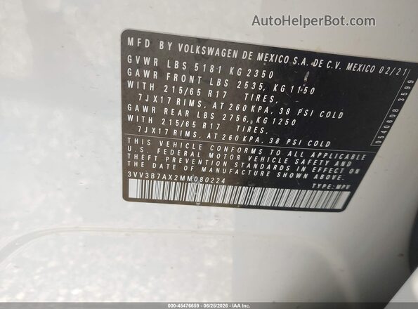 3VV3B7AX2MM080224 2021 VOLKSWAGEN TIGUAN White Vista del compartimento del motor