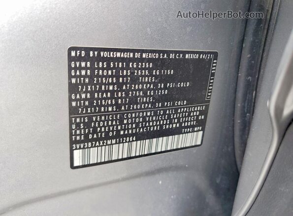 3VV3B7AX2MM112864 2021 VOLKSWAGEN TIGUAN Silver VIN կոդի պիտակի տեսք