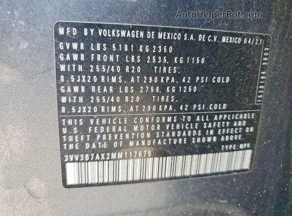 3VV3B7AX2MM117675 2021 VOLKSWAGEN TIGUAN Silver Vista interior de 360 grados