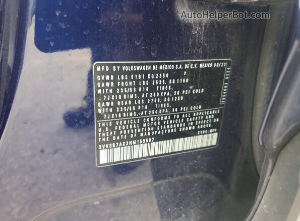 3VV3B7AX2NM159507 2022 VOLKSWAGEN TIGUAN Blue VIN კოდის სტიკერის ხედი
