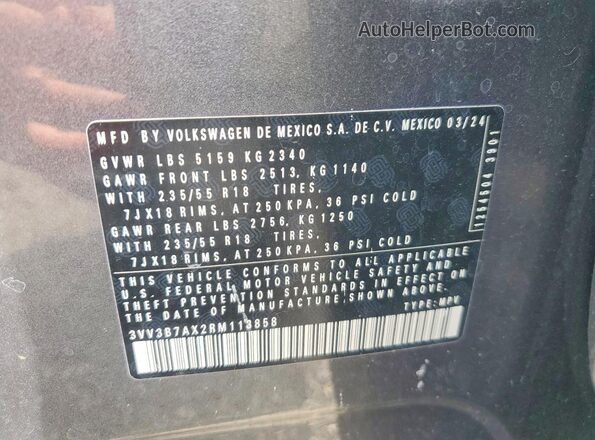 3VV3B7AX2RM113858 2024 VOLKSWAGEN TIGUAN Серый Панорамный вид салона 360°