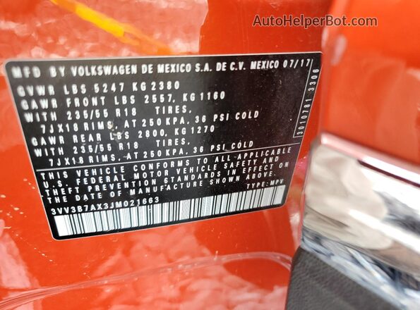 3VV3B7AX3JM021663 2018 VOLKSWAGEN TIGUAN Красный Вид наклейки с VIN-кодом