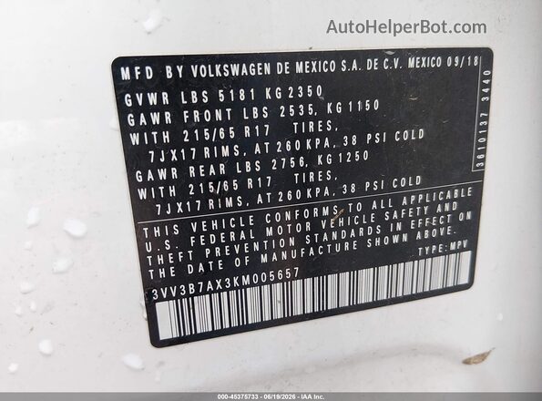 3VV3B7AX3KM005657 2019 VOLKSWAGEN TIGUAN White ძრავის განყოფილების ხედი