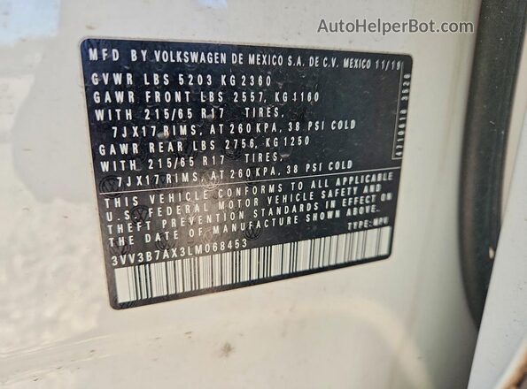3VV3B7AX3LM068453 2020 VOLKSWAGEN TIGUAN White 