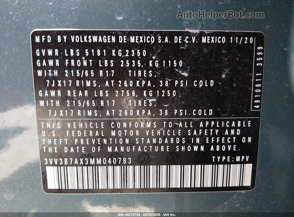 3VV3B7AX3MM040783 2021 VOLKSWAGEN TIGUAN Teal ძრავის განყოფილების ხედი