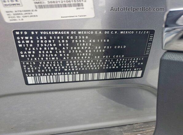 3VV3B7AX3MM046499 2021 VOLKSWAGEN TIGUAN Silver Vista interior de 360 grados