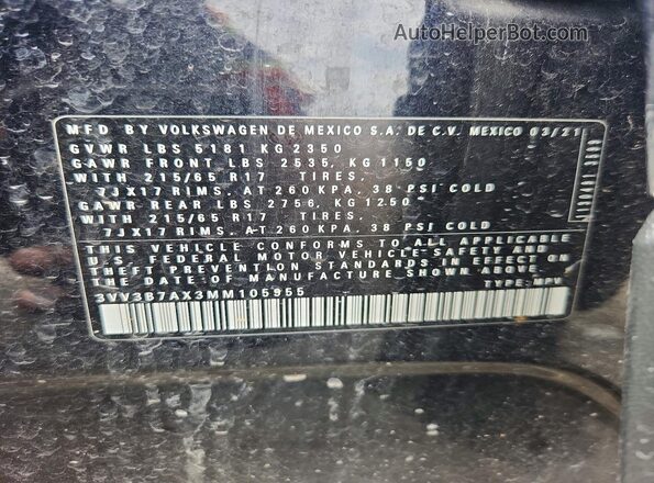 3VV3B7AX3MM105955 2021 VOLKSWAGEN TIGUAN Black VIN կոդի պիտակի տեսք