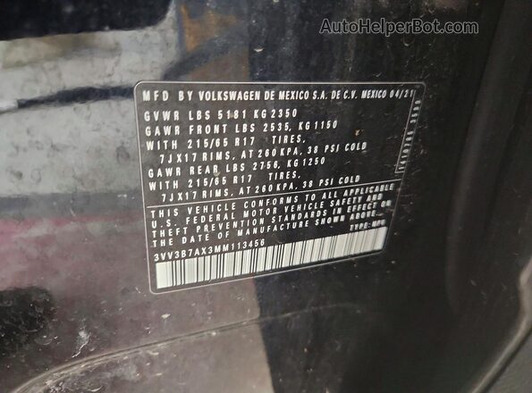 3VV3B7AX3MM113456 2021 VOLKSWAGEN TIGUAN Black Շարժիչի բաժամունքի տեսք