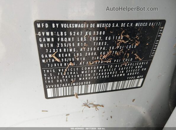 3VV3B7AX4JM008386 2018 VOLKSWAGEN TIGUAN Gray Widok komory silnika