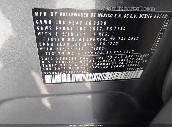 3VV3B7AX4JM221452 2018 VOLKSWAGEN TIGUAN Gray Вид підкапотного простору