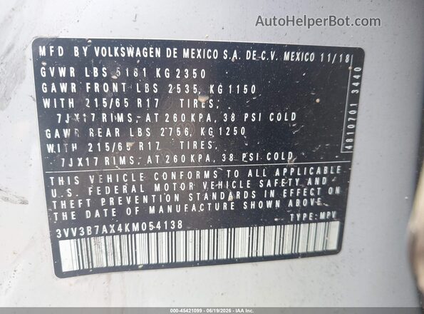 3VV3B7AX4KM054138 2019 VOLKSWAGEN TIGUAN White ძრავის განყოფილების ხედი